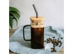 Hranatá sklenice s víčkem, brčkem a uchem - 350 ml